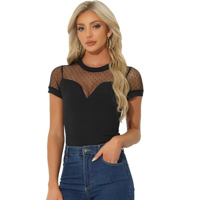 Allegra K Women's Short Sleeve Mesh Panel V-neck Casual Knit Bodysuit :  Target