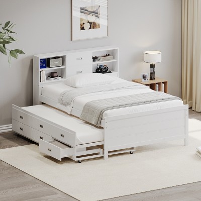 Twin Size Wood Platform Bed with Bookcase Headboard, Trundle and Three Drawers for Kids and Teens, White, 4W-ModernLuxe