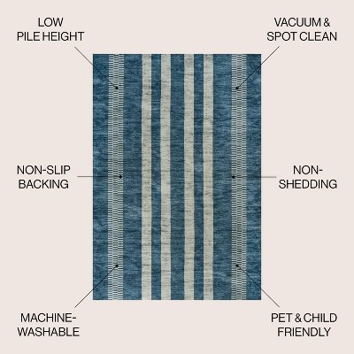 Blue and Cream Striped Machine-Washable Synthetic Area Rug