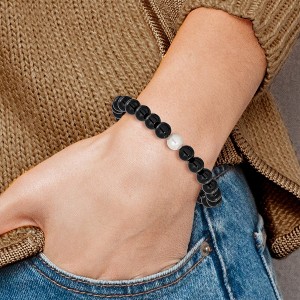 Chisel 8-9mm Black Onyx and White Freshwater Cultured Pearl Beaded 7.25" Stretch Bracelet - 1 of 4
