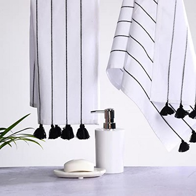 Folkulture Hand Towels for Bathroom, Set of 2 (16" x 30"), 100% Cotton Hanging Towels for Bathroom with Tassels (Hamilton Black & White)