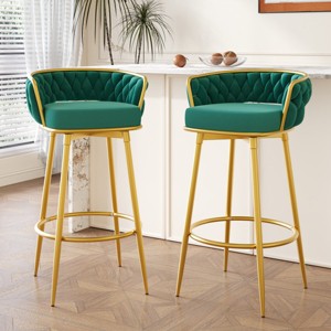 180° Swivel Barstools Set Of 2,31" Upholstered Barstools With Hand-Woven Backrest And Gold Metal Legs,Low Back Barstools -Maison Boucle - 1 of 4