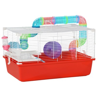 PawHut Large Hamster Cage with Tubes and Tunnels, 2-Level Steel Rat Cage, Small Animal House, Includes Exercise Wheel, Hut, Water Bottle, Food Dish, 23" x 14" x 14", Red