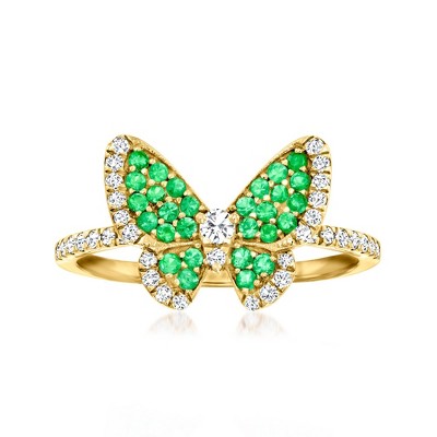 Ross-Simons 0.30 ct. t.w. Emerald and .30 ct. t.w. Diamond Butterfly Ring in 14kt Yellow Gold Size 9