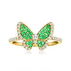 Ross-Simons 0.30 ct. t.w. Emerald and .30 ct. t.w. Diamond Butterfly Ring in 14kt Yellow Gold Size 9 - 1 of 4