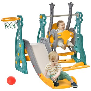 4 in 1 Toddler Swing and Slide Set, Kids Slide for Aged 1.5-3 with Climber, Ultra-Safety, Basketball Hoop, Baby Playground Set - 1 of 4