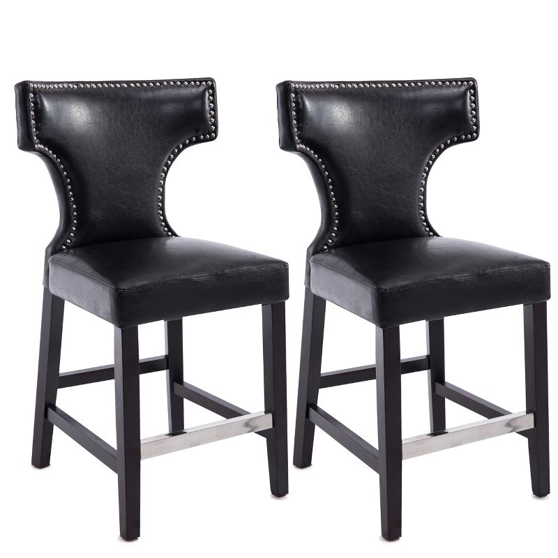Set of 2 Kings Counter Height Barstool with Studded Bonded Leather Seat Black - Corliving, 1 of 4
