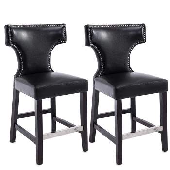 Set of 2 Kings Counter Height Barstool with Studded Bonded Leather Seat Black - Corliving