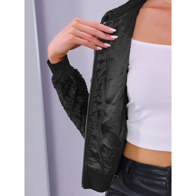 INSPIRE CHIC Women's Sequin Long Sleeve Zipper Up Glitter Bomber Jacket Large Black — фото 3