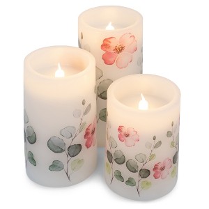 Elanze Designs Floral Pink and Green 6 inch Wax LED Flameless Pillar Candles Set of 3 - 1 of 4