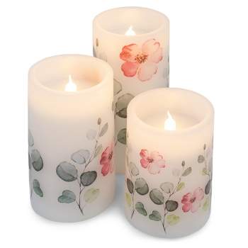 Elanze Designs Floral Pink and Green 6 inch Wax LED Flameless Pillar Candles Set of 3