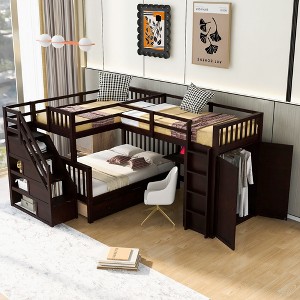 NicBex Twin-Twin over Full Loft Bed Triple Pine Bed Frame with Wardrobe, Drawers, Storage Stairs and Guardrail, No Box Spring Required - 1 of 4