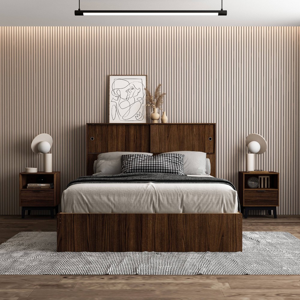 Polifurniture 4pc Queen Victoria Bedroom Set Walnut: Engineered Wood, Modern Storage Design, Melamine Finish