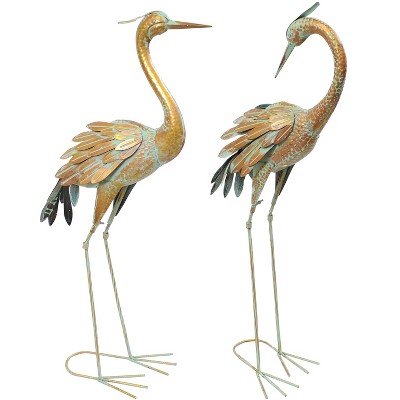 Sunnydaze Golden Crane Metal Outdoor Elegant Garden Statue - Gold/Blue – 2pc