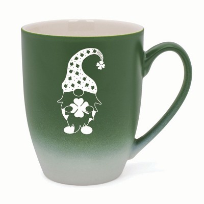 Elanze Designs Gnome With Clover Pattern On Hat Two Toned Ombre Matte 10 ounce New Bone China Coffee Tea Cup Mug, Green and White