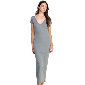 Slickblue Women’s Maxi Dress, Double V-Neck Ribbed Style, Side Slit, Short Sleeve, Gray/Rose, Size S–L - 1 of 4