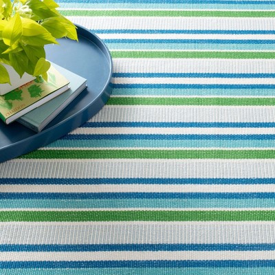 Cobalt and Green Handwoven Cotton Stripe Rug, 8' x 10'