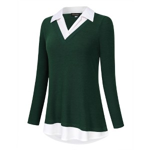 Clearlove Women's Long Sleeve V Neck Contrast Collar Shirt A-line Pleated Office Tunic - 1 of 4