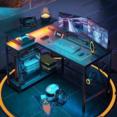 Bestier 42" Reversible L-Shaped Gaming Desk with Power Outlets LED Lights and Monitor Stand &Storage Shelves & Hooks for Bedrooms & Home Offices