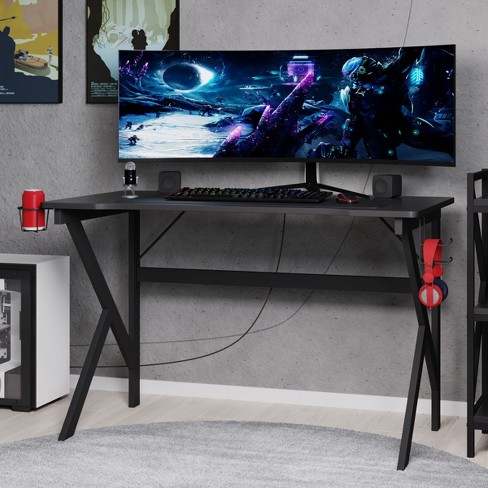 HOMCOM 47 inch Gaming Computer Desk, Home Office Gamer Table Workstation  with Cup Holder, Headphone Hook, Cable Management, Carbon Fiber Surface