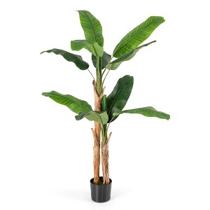 Costway 1/2 PCS 5.5 FT Tall Artificial Banana Tree with 10 Large Leaves Double Stalks Natural Bark - 1 of 4