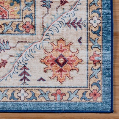Cullen Blue and Tan Floral Border Washable Area Rug