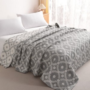 3 Layers Cotton Muslin Bed Blanket, Breathable Thermal Yarn Dyed Blanket - NTBAY - 1 of 4