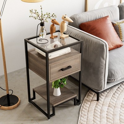 Whizmax Nightstand, Mid Century Modern End Table with Storage Drawer and 3-Tier Storage & Tempered Glass Top