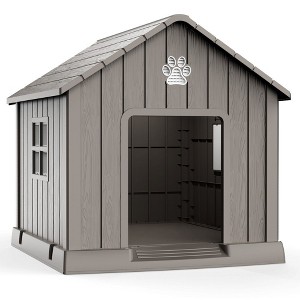 CAVINAS  Weatherproof Outdoor Dog House, 31" Ventilated Pet Shelter with Elevated Floor & Ground Anchors,Light Brown - 1 of 4