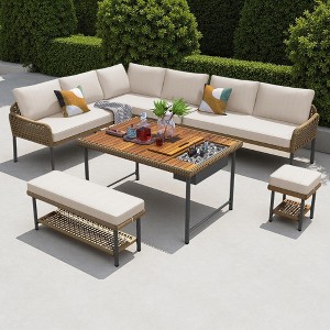 6-Piece Outdoor Patio Rope L-Shaped Sectional Sofa Set with Acacia Wood Table and Ice Box - 1 of 4