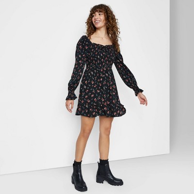 short black flowy long sleeve dress