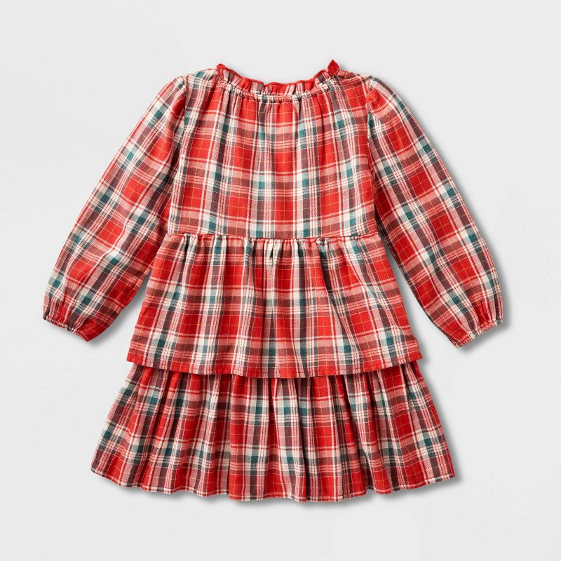 Toddler Girls&#39; Adaptive Abdominal Access Long Sleeve Plaid Tiered Woven Dress - Cat &#38; Jack&#8482; Red, 3 of 8