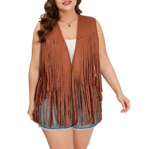 Whizmax Women's Plus Size Tassel Vest Hippie Faux Suede Rivets Sleeveless Costume Fringe Jacket - 1 of 4