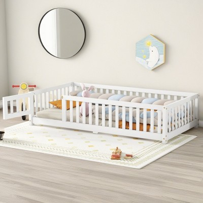 ROOMTEC Floor Bedframe w/Safety Guardrails and Door,Wood Bed with Removed Slats for Kids