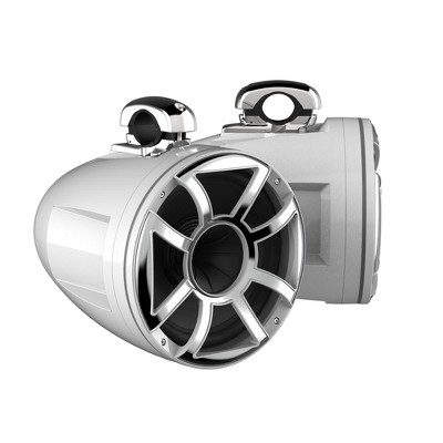 Wet Sounds REV 12 HD 12" Horn Loaded Compression Driver Tower Speakers with XS Grills & Mini Stainless Fixed Clamps, 400 Watts RMS, White, Pair