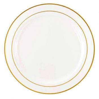 Smarty Had A Party 10.25" White with Gold Edge Rim Plastic Dinner Plates (120 Plates)