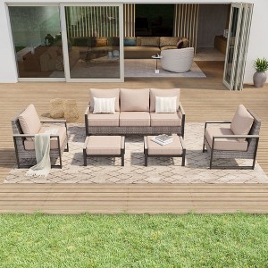 Sonkuki 5 Pieces Patio Sofa with Ottomans Set, All-Weather PE Rattan Wicker, Small Patio Conversation Couch with Cushion - 1 of 4