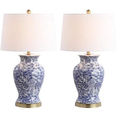 Alona Blue and White Ceramic Table Lamp Set with Brass Base