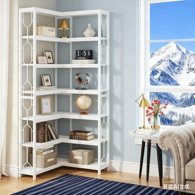 Gulches 7-Tier Corner Bookshelf, Industrial Corner Etagere Bookcase for Bedroom Storage