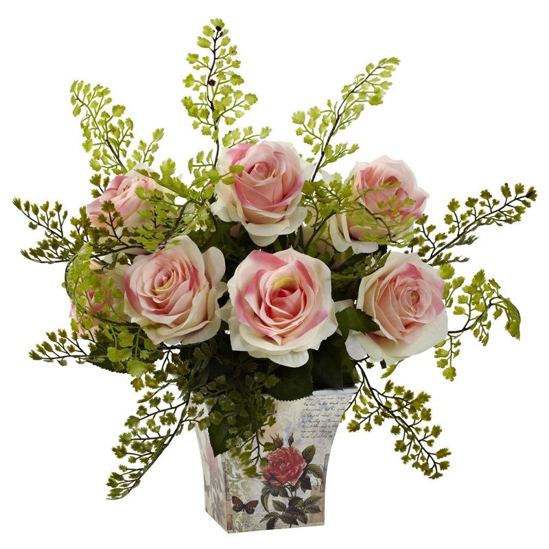 Nearly Natural 13-in Rose & Maiden Hair with Floral Planter, 2 of 9