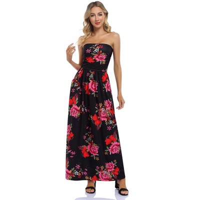 Women Strapless Maxi Boho Vintage Summer Beach Floral Print Hawaiian Party Long Dress