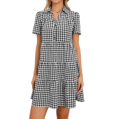 Женские платья INSPIRE CHIC Women's Gingham Vintage V Neck Short Sleeve Button Front Swing Tiered Mini Dresses Small Black