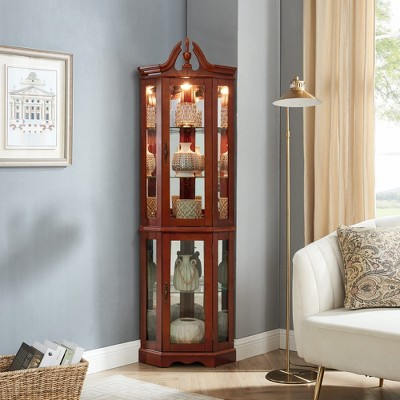 Wooakway 71"H Walnut Display Cabinet with Lights Adjustable Shelves Mirrored Back