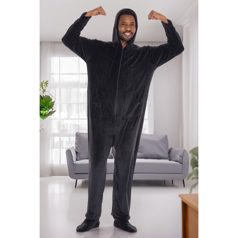 Men's Plush Fleece One Piece Hooded Footed Zipper Pajamas Set, Soft Adult Onesie Footie with Hood, 5 of 10