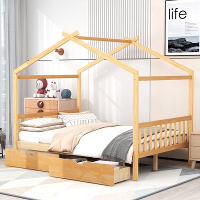 NicBex Full Size Platform Bed Modern House-Shaped Pine Bed Frame with 2 Drawers, Headboard and Footboard for Bedroom, No Box Spring Required, Natural