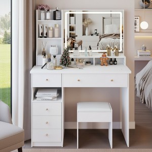 FONTOI 29.2"W/37"W/41"W Makeup Vanity Table with Left Drawer Stool Large Sliding Mirror Capacity Storage for Bedroom Dressing Room, White/Black - 1 of 4