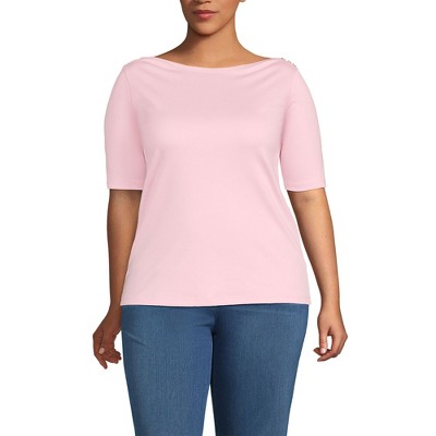 Lands' End Women's Supima Cotton Elbow Sleeve Boatneck Button Shoulder Tee