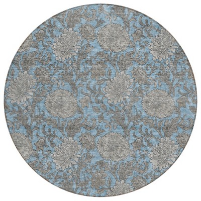 Blue Gray And Silver Floral Washable Indoor Outdoor Area Rug