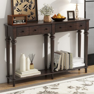 60" Retro Slim Console Table,Farmhouse Entryway Table with 4 Drawers and Open Shelf for Hallway,Living Room-Baofuwish