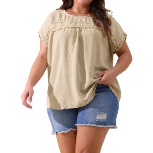 Agnes Orinda Women's Plus Size Swiss Dots Short Sleeve Lace Crochet Chiffon Pleated Casual Blouses - 1 of 4